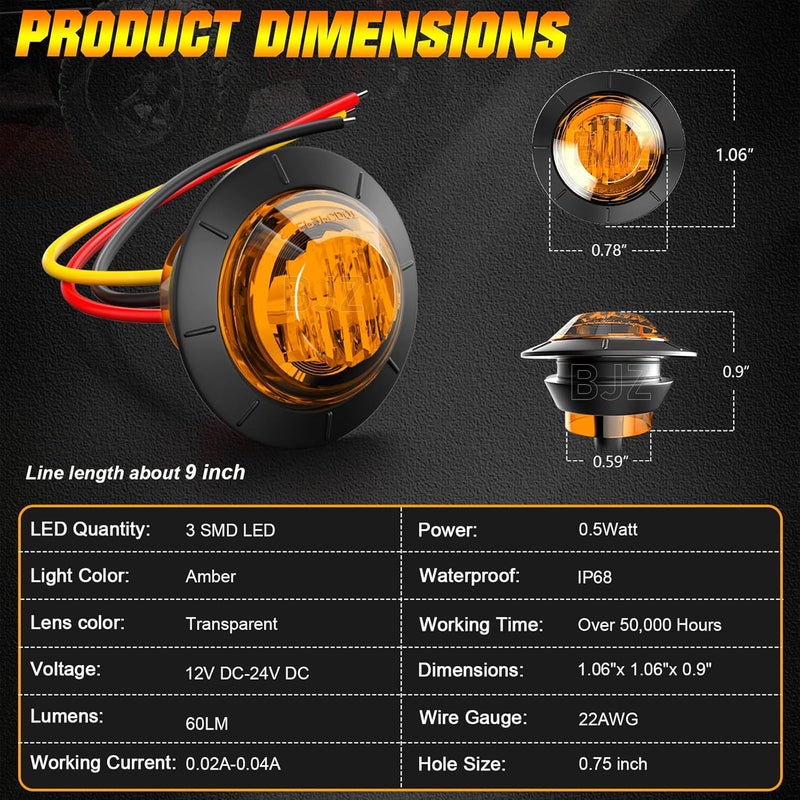 BJZ 3/4" Strobe+Marker Lights Dual Function Amber Trailer LED Side Clearance Tail Bumper Griller Flash Lights 12V Turn Signal Warning Indicator Waterproof Light for Trailer Truck Van RV ATV Bus, 10Pcs - Image 5